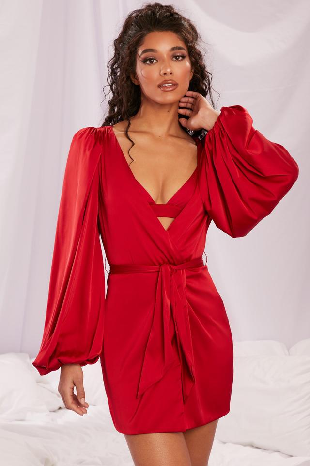 Satin Balloon Sleeve Robe in Red Product Image