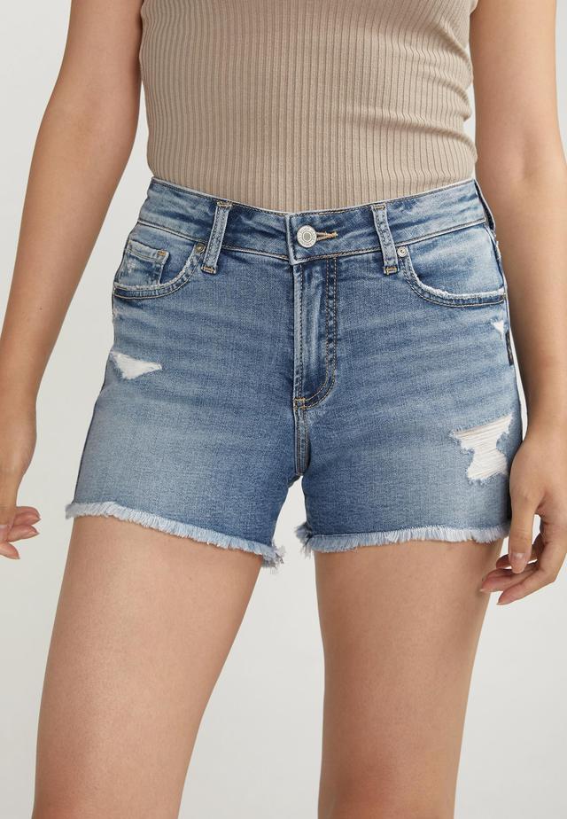 Silver Jeans Co. Womens Suki Curvy Mid Rise Luxe Stretch Frayed Hem 4In Shorts Blue Denim Size 33 - Maurices Product Image