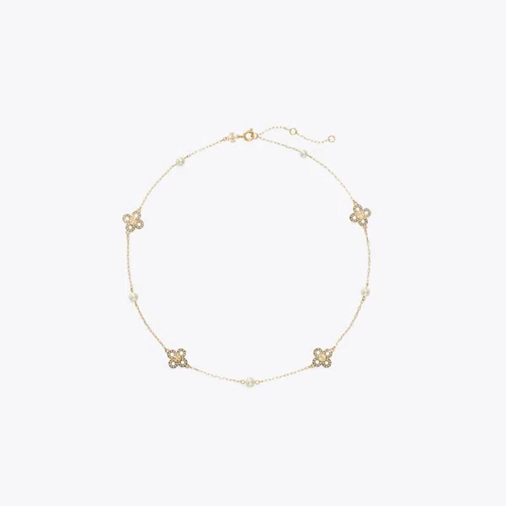 TORY BURCH Kira Clover Faux Pearl Station Necklace In Tory Gold/pearl/crystal Product Image