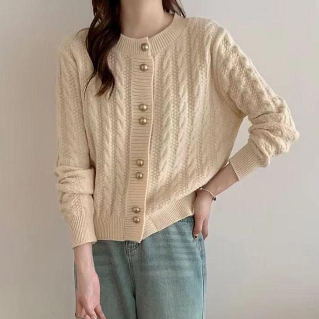 Crew Neck Plain Cable Knit Button-Up Cardigan Product Image