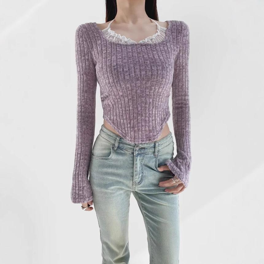 Mock Two-Piece Long-Sleeve Halter Melange Lace Panel Ribbed Crop Knit Top Product Image