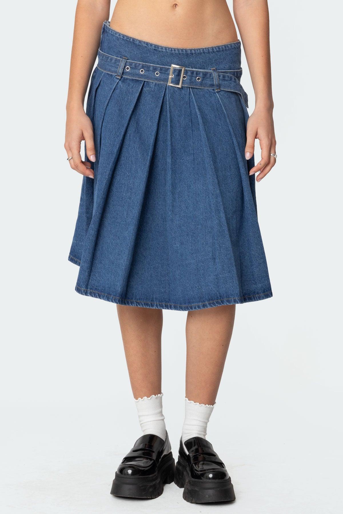 Belted Pleated Denim Midi Skirt Product Image