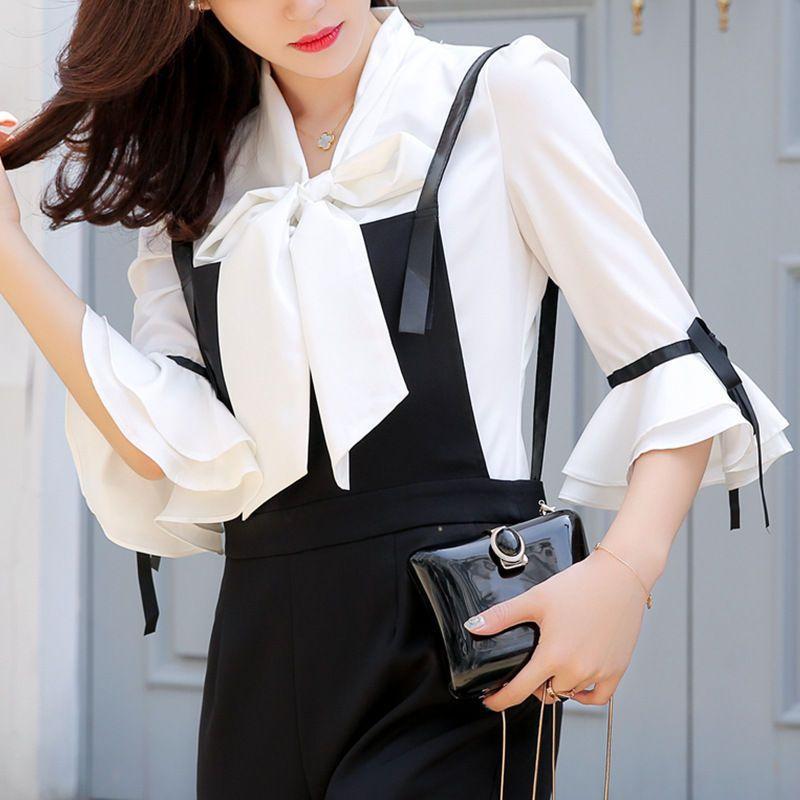 Tie-Neck Blouse/ Pinstripe Sleeveless Playsuit Product Image