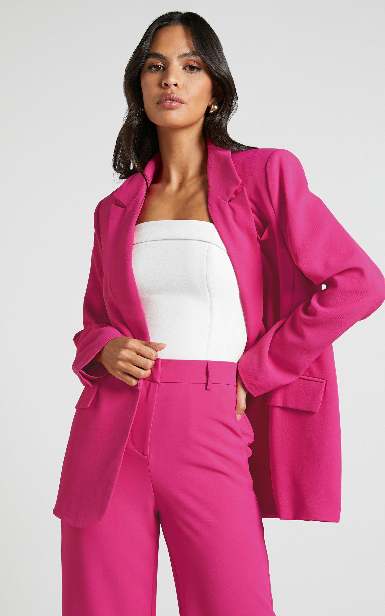 Michelle Blazer - Oversized Plunge Neck Button Up Blazer in Pink Product Image