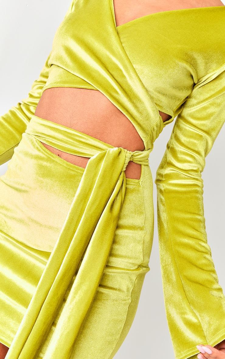 Lime Green Velvet Wrap Around Long Sleeve Bodycon Dress Product Image