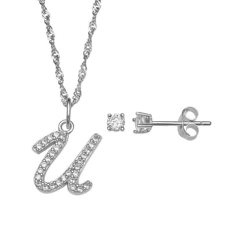 LC Lauren Conrad Sterling Silver Cubic Zirconia Stud Earrings & Initial Pendant Necklace Set, Womens Sterling Silver P Product Image