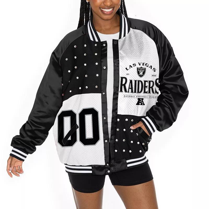 Womens Gameday Couture Black/White Las Vegas Raiders Oversized Hot Shot Rhinestone Throwback Full-Snap Varsity Bomber Jacket Product Image