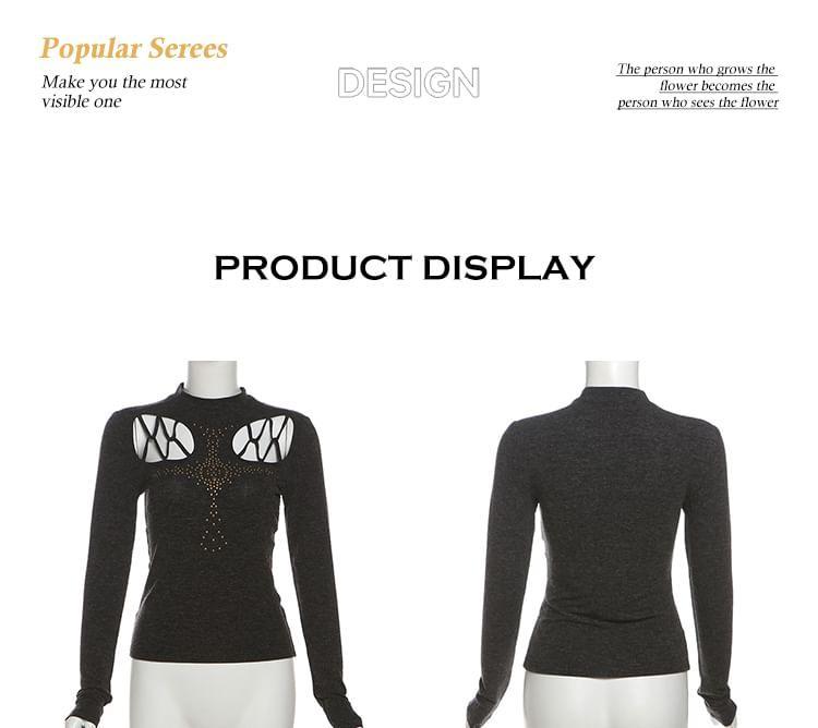 Long-Sleeve Mock Neck Plain Studded Cutout T-Shirt Product Image