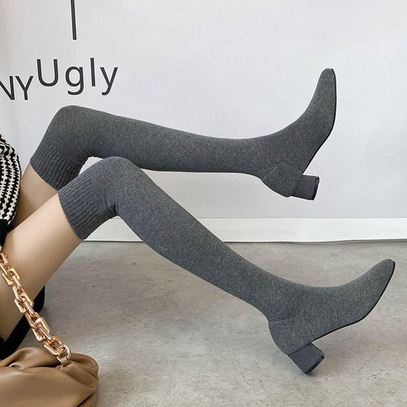 Block Heel Over-The-Knee Knit Boots Product Image