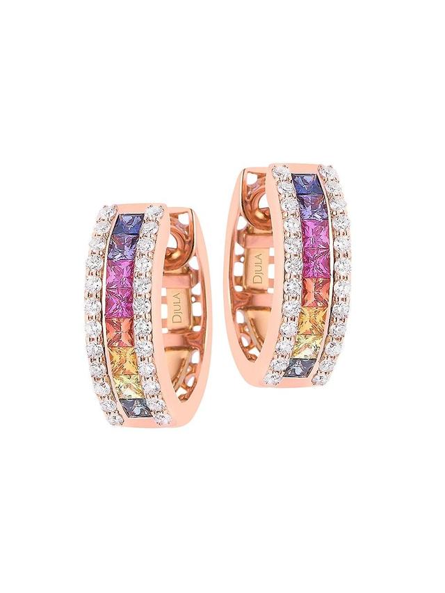 Womens 18K Rose Gold, Rainbow Sapphire & Diamond Mini Hoop Earrings Product Image