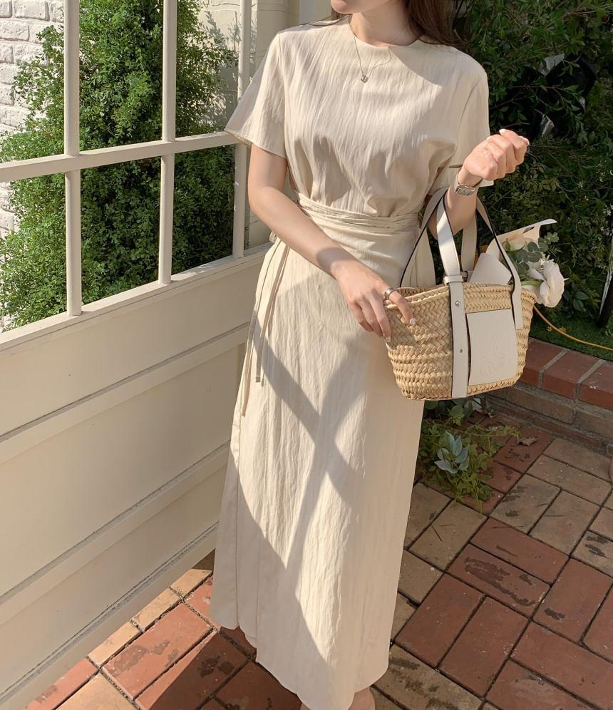 Short-Sleeve Round Neck Plain Asymmetrical Sashed Midi A-Line Dress Product Image