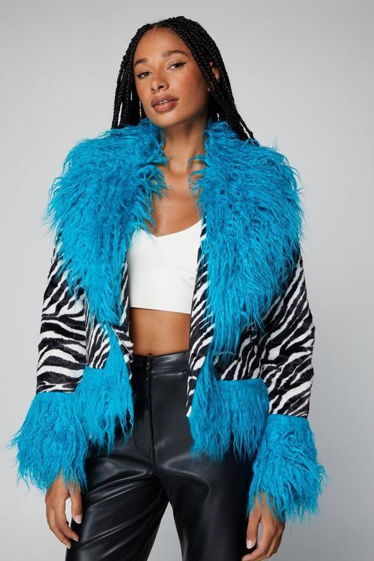 Premium Shearling Faux Fur Trim Zebra Print Afghan Jacket Product Image