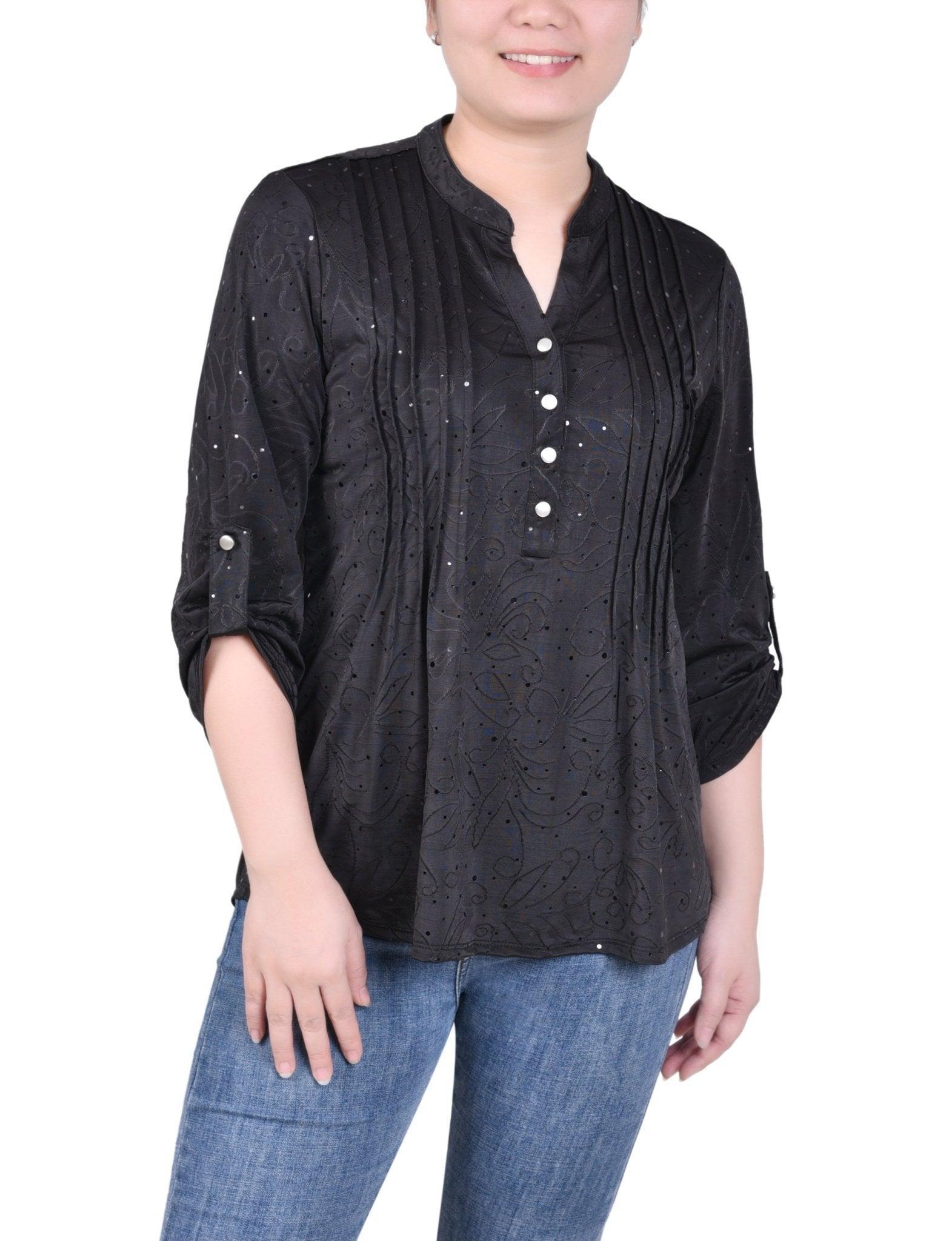 3/4 Length Sleeve Roll Tab Y Neck Top - Petite Product Image