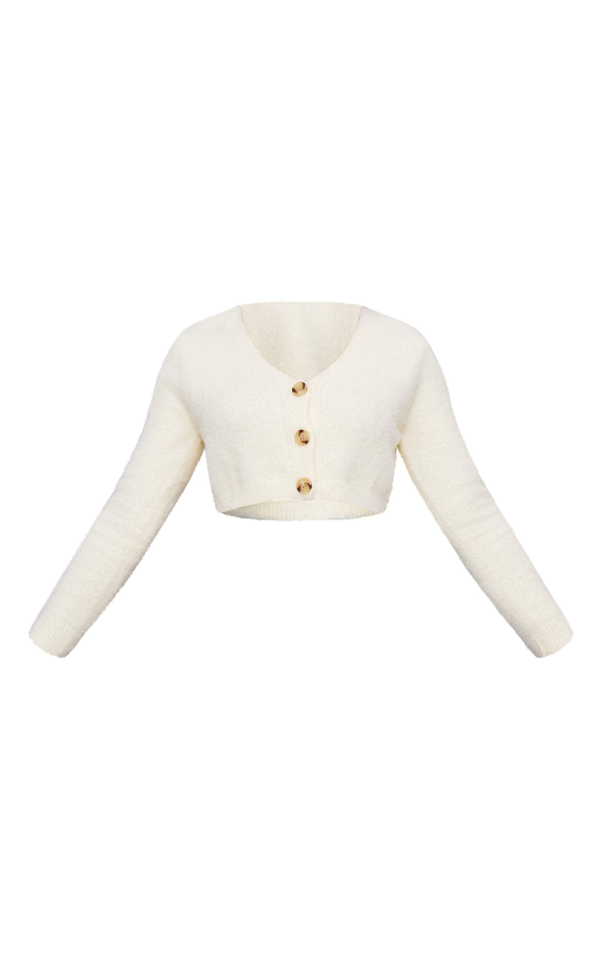 Cream Eyelash Knit Crop Button Up Cardigan Product Image