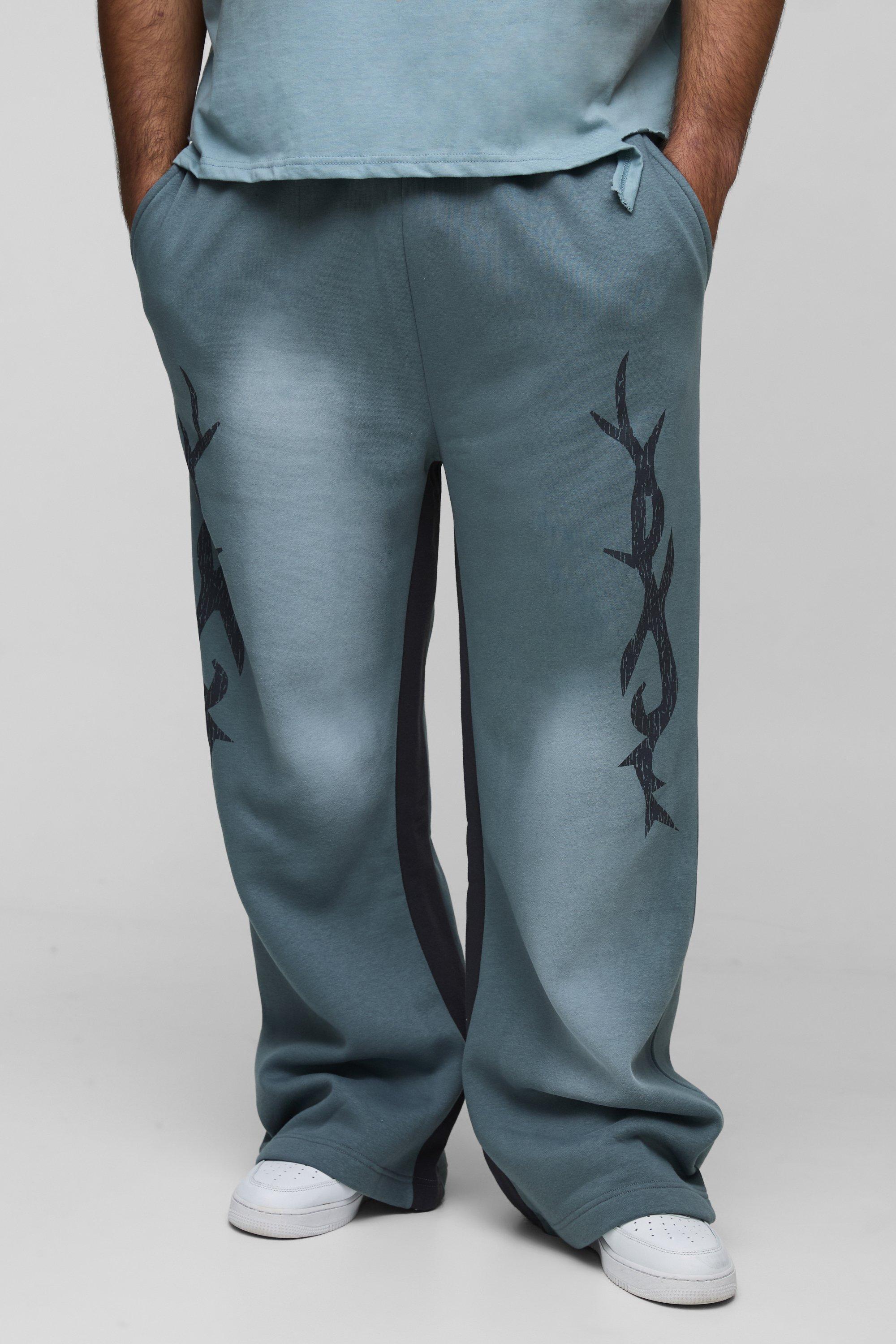 Plus Relaxed Fit Flare Spray Wash Graphic Sweatpants | boohooMAN USA Product Image