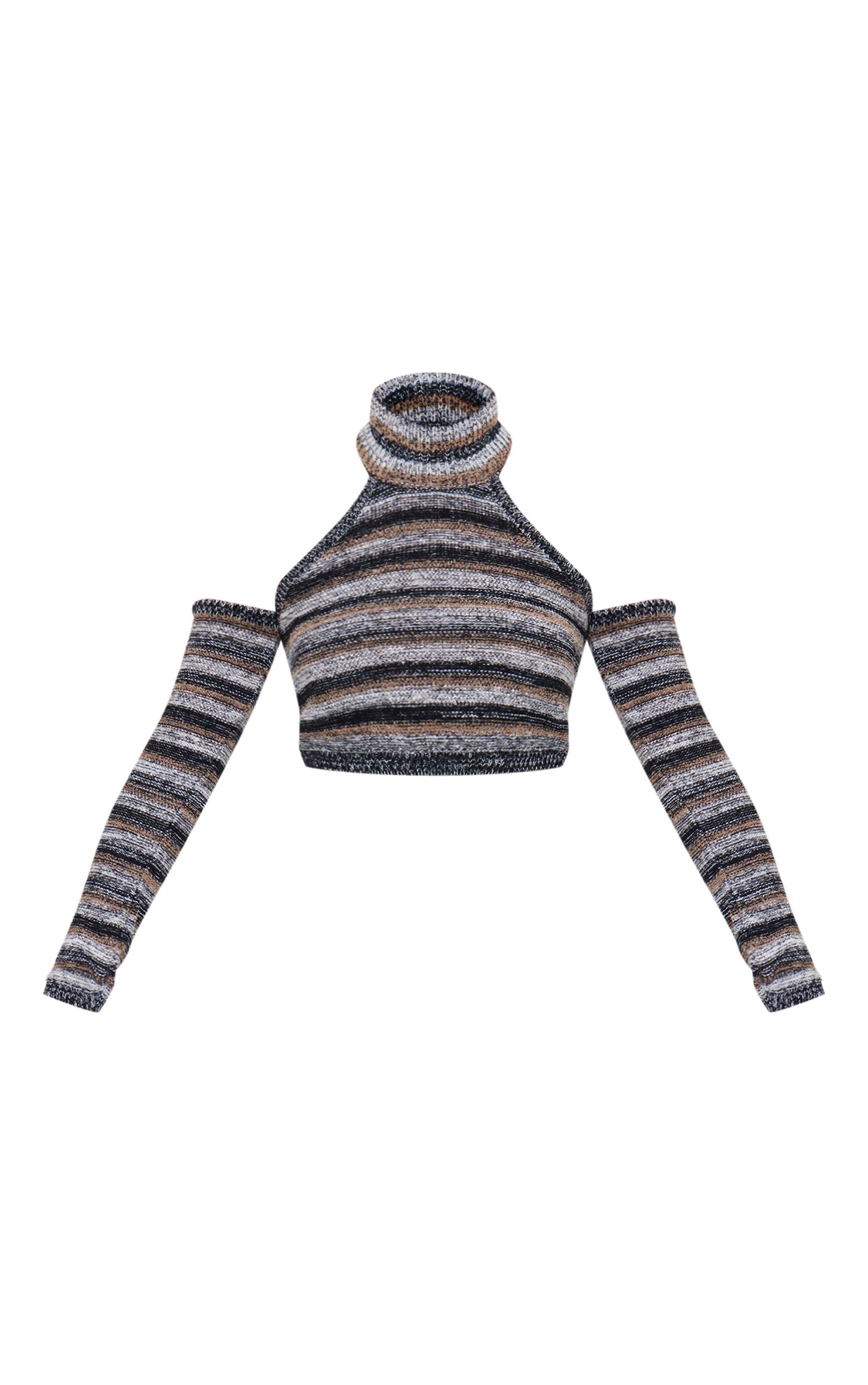 Monochrome Contrast Stripe Knit High Neck Top With Sleeves Product Image