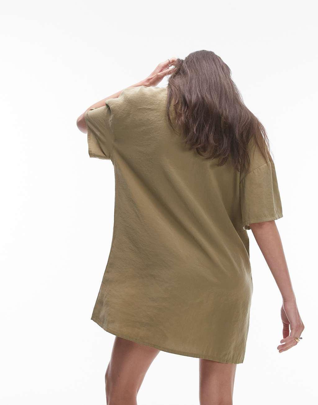 Topshop button down mini shirt dress in khaki Product Image