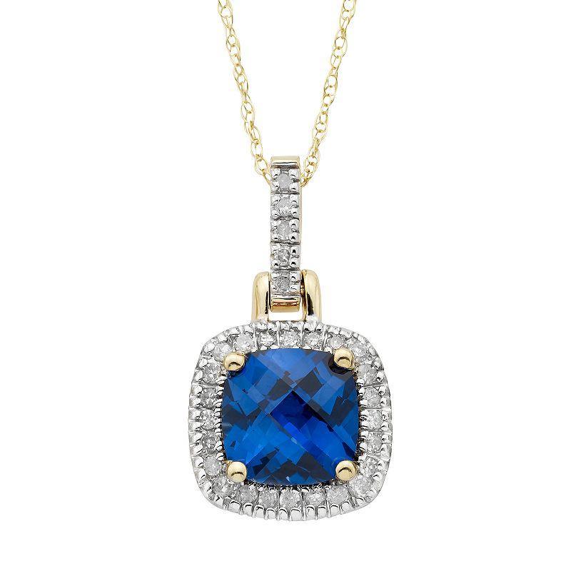 10k Gold Lab-Created Blue Sapphire & 1/8 Carat T.W. Diamond Halo Pendant Necklace, Womens Product Image