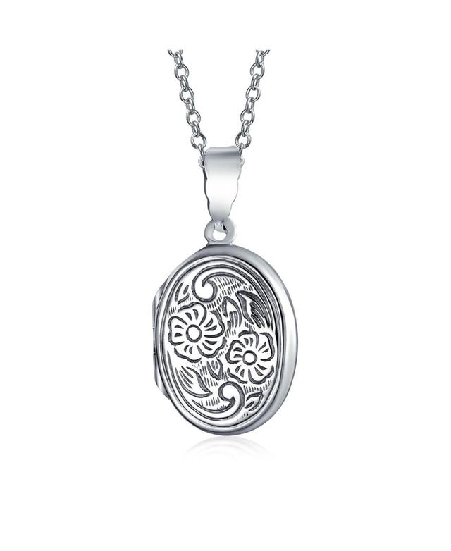 Embossed Scroll Floral Flower Sunflower Photo Oval Lockets Necklace Pendant For Women That Hold Pictures Oxidized .925 Sterling Silver Product Image