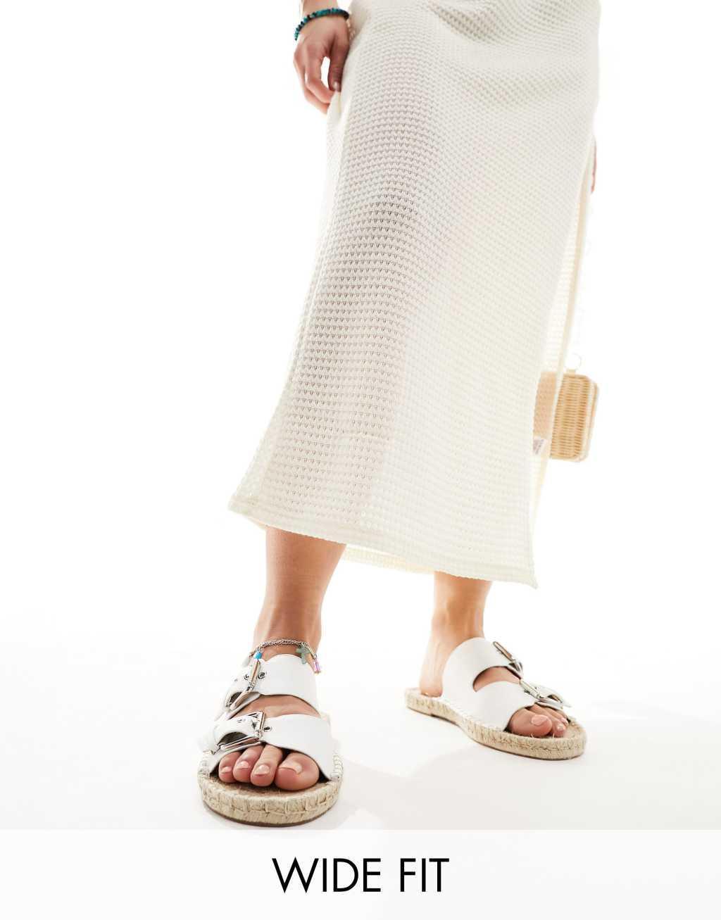 ASOS DESIGN Wide Fit Jada double buckle espadrille sandals in white Product Image