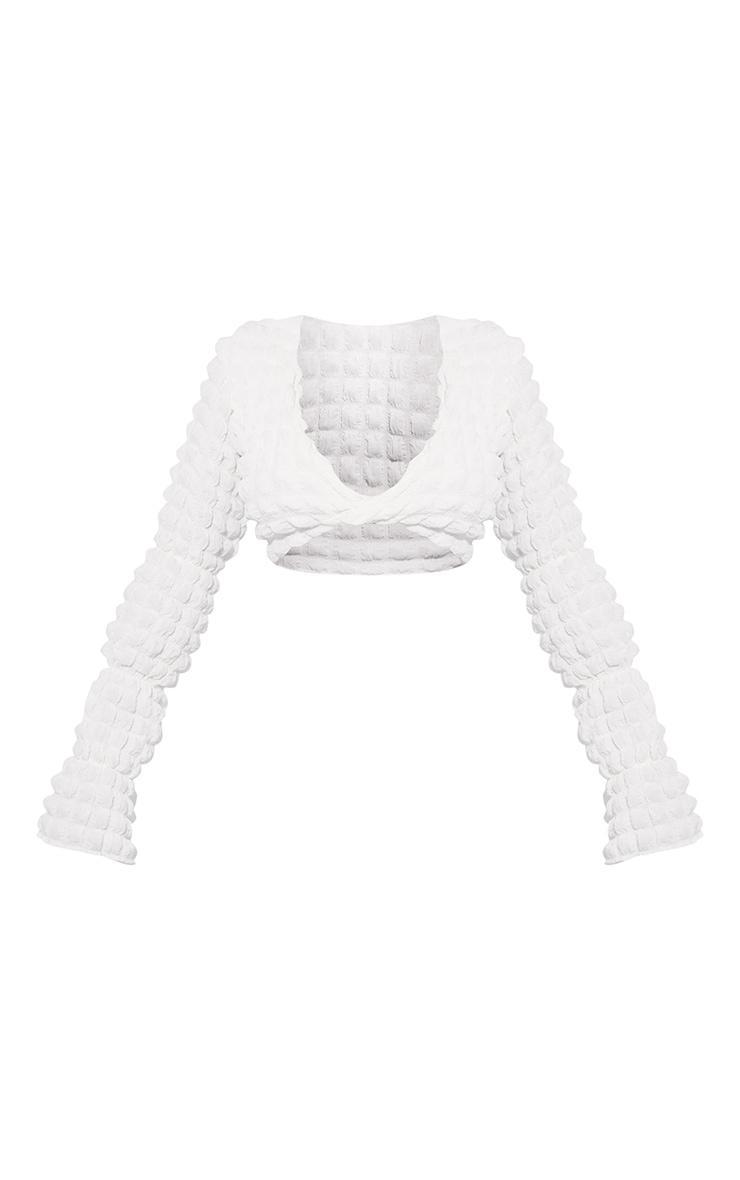 PRETTYLITTLETHING Ivory Bubble Textured Long Sleeve Beach Top Product Image