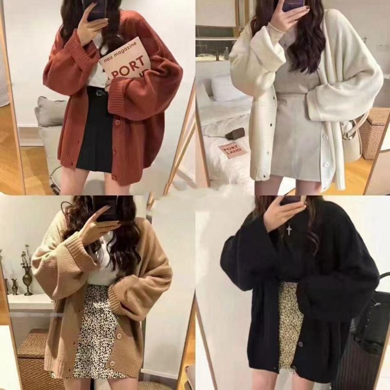 V-Neck Plain Oversized Cardigan Product Image