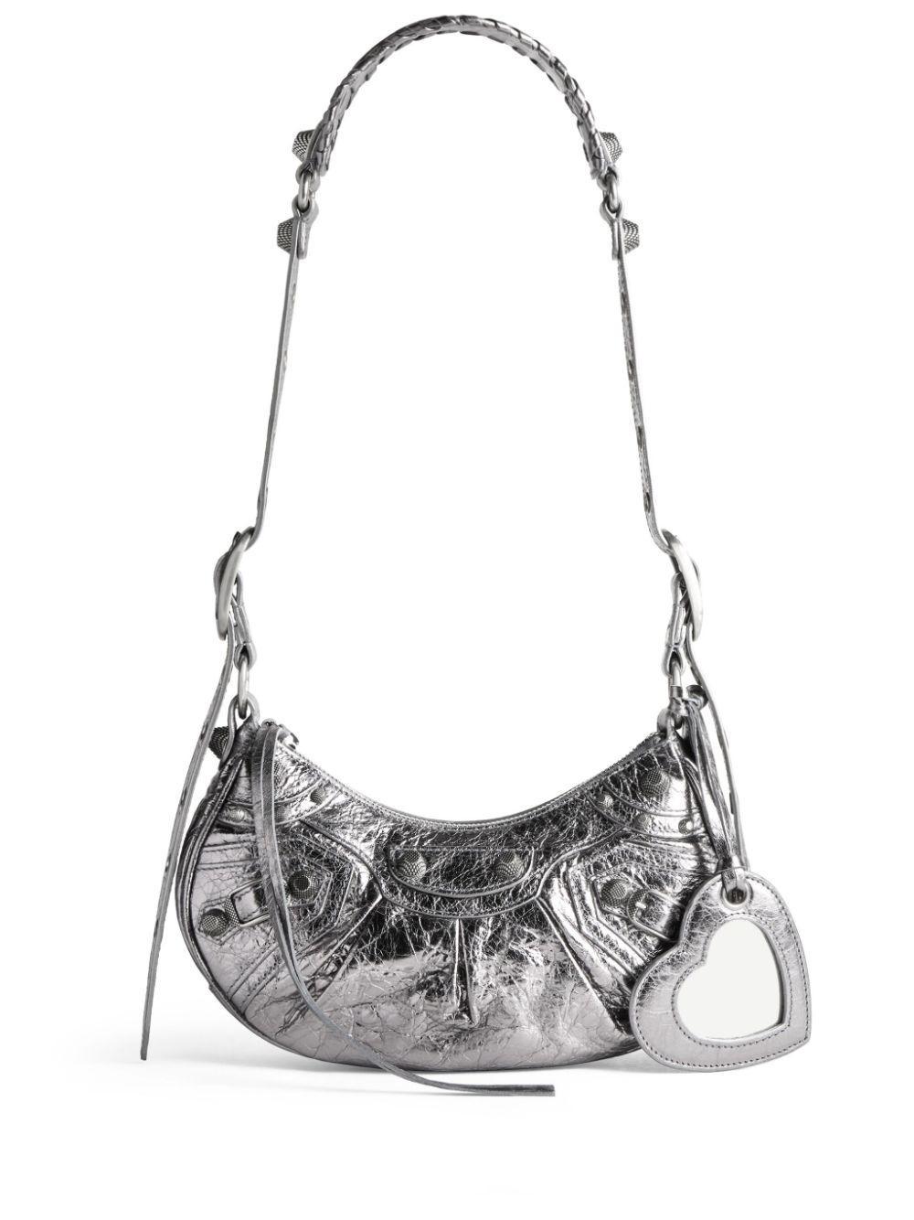 BALENCIAGA Le Cagole Small Metallic Croc Embossed Leather Shoulder Bag In Grey Product Image