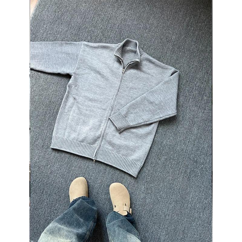 Stand Collar Plain Zip-Up Cardigan Product Image