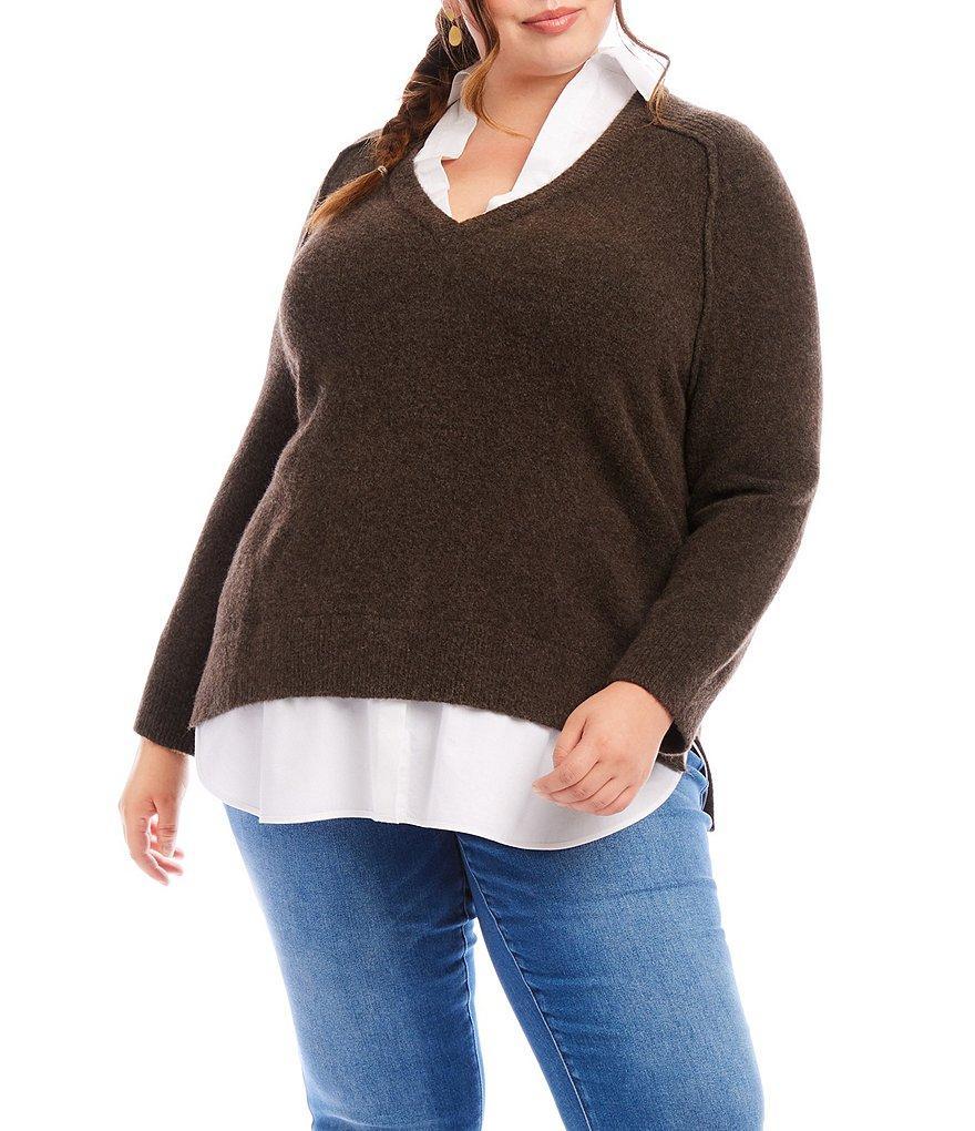 Karen Kane Plus Size Layered Point Collar Long Sleeve Knit Sweater Product Image