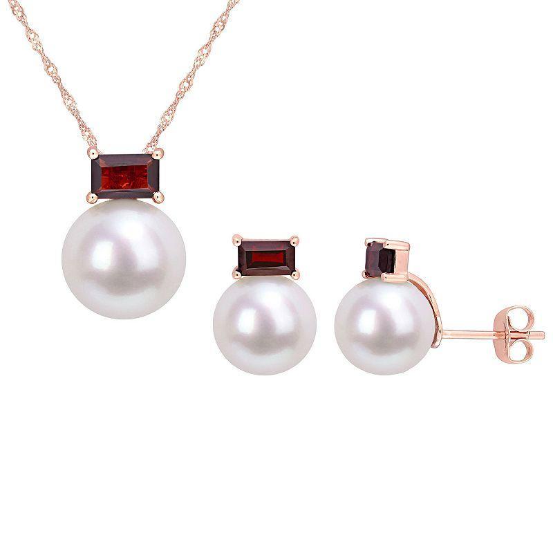 Stella Grace 10k Rose Gold Freshwater Cultured Pearl & Garnet Drop Pendant & Earring Set, Womens Product Image