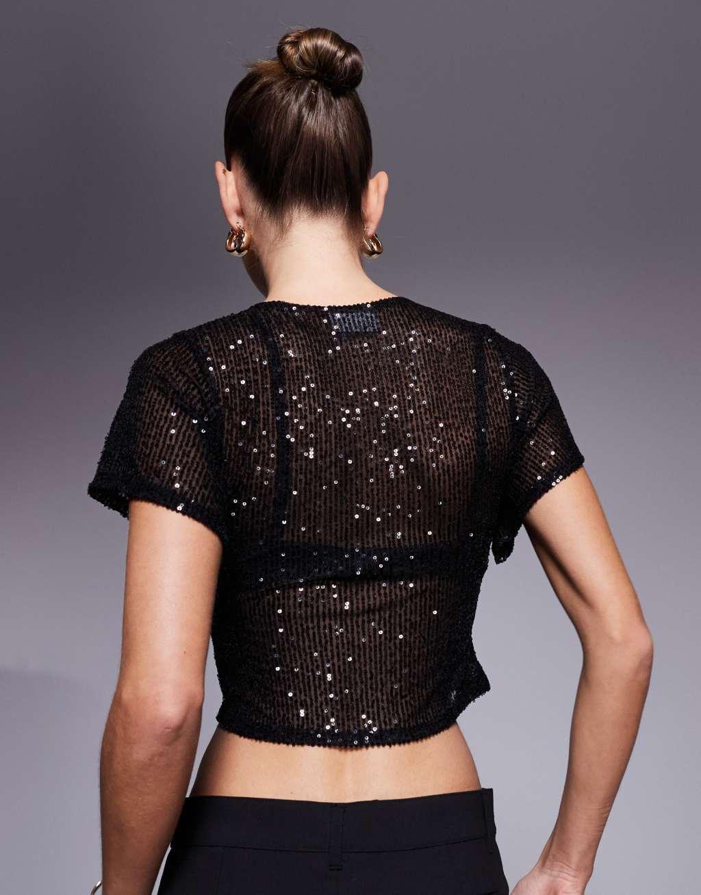 ASOS DESIGN sequin angel sleeve tie detail keyhole top in black Product Image