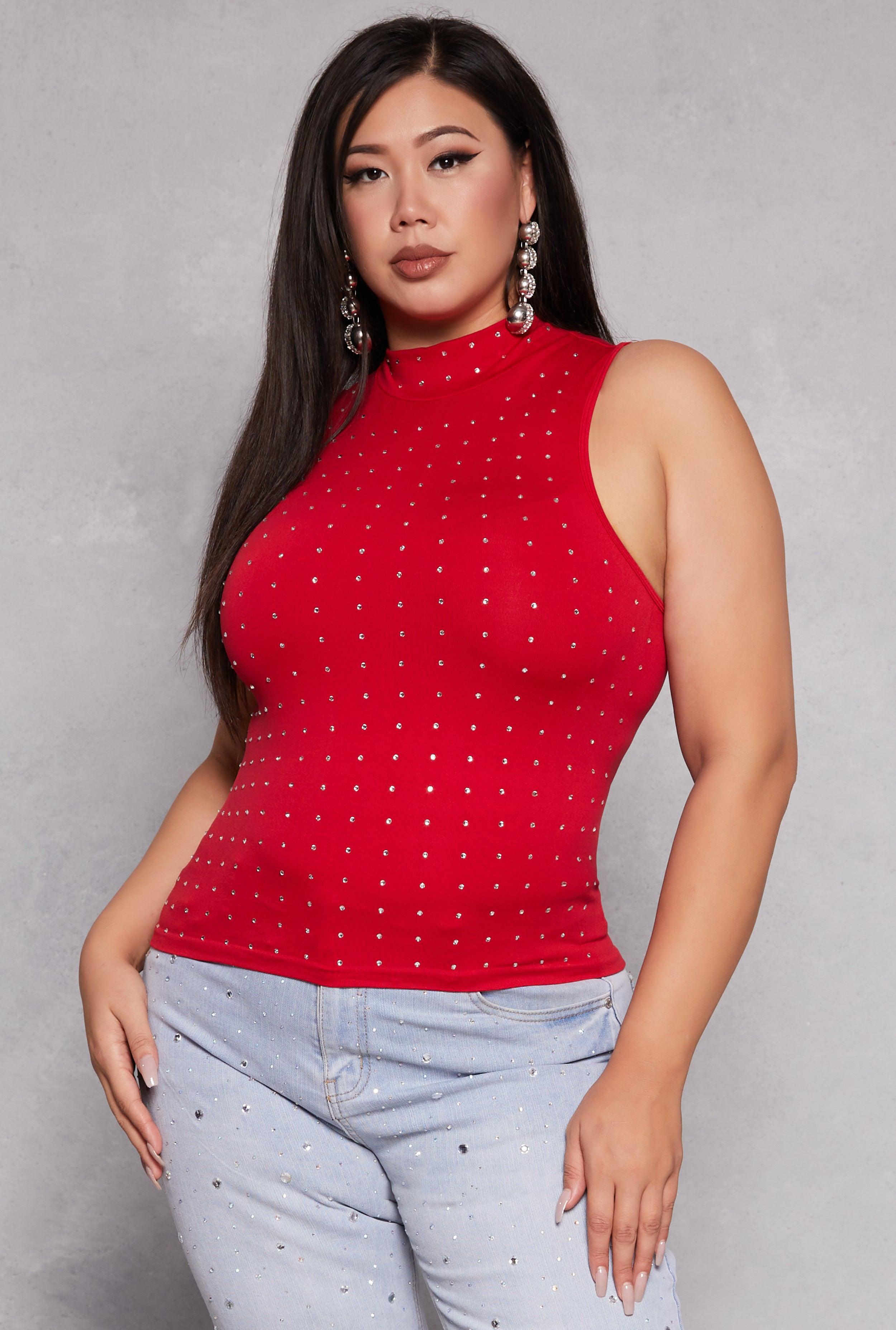 Womens Plus Size Rhinestone Studded Mock Neck Top Product Image