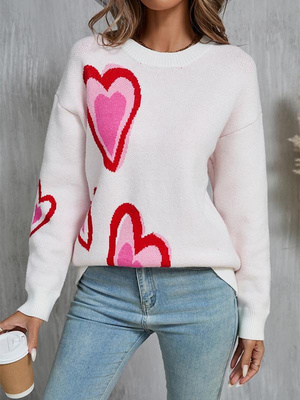 Long Sleeves Loose Heart Print Jacquard Split-Joint Round-Neck Pullovers Sweater Tops Product Image