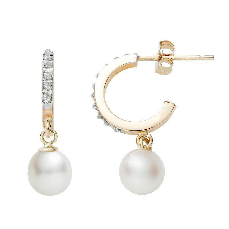 Diamond Fascination 14k White Gold Freshwater Cultured Pearl Hoop Earrings, Womens Product Image