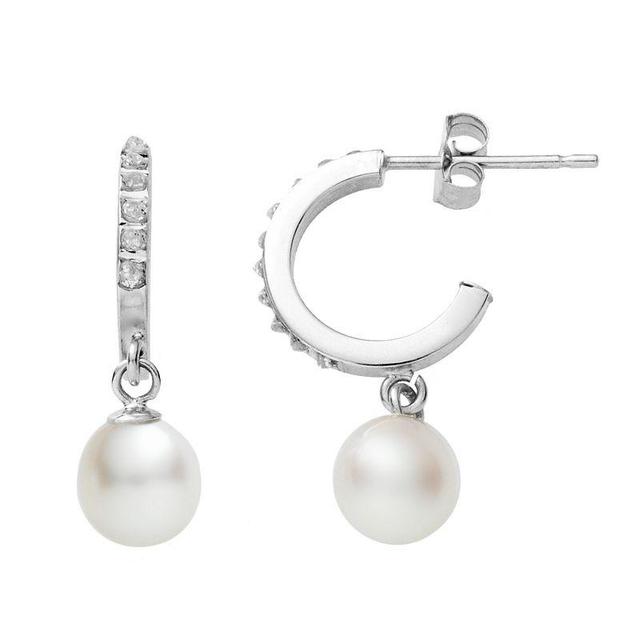 Diamond Fascination 14k White Gold Freshwater Cultured Pearl Hoop Earrings, Womens Product Image