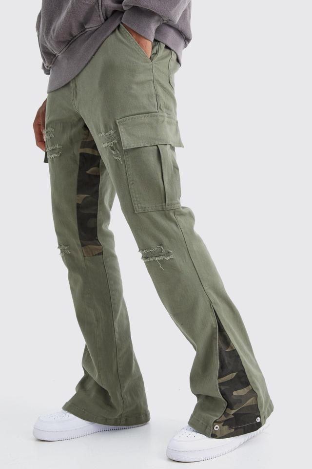 Slim Stacked Flare Camo Gusset Rip And Repair Pants | boohooMAN USA Product Image