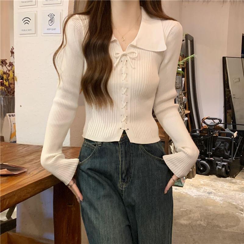 Long-Sleeve Collar Lace-Up Ribbed Knit Top Product Image