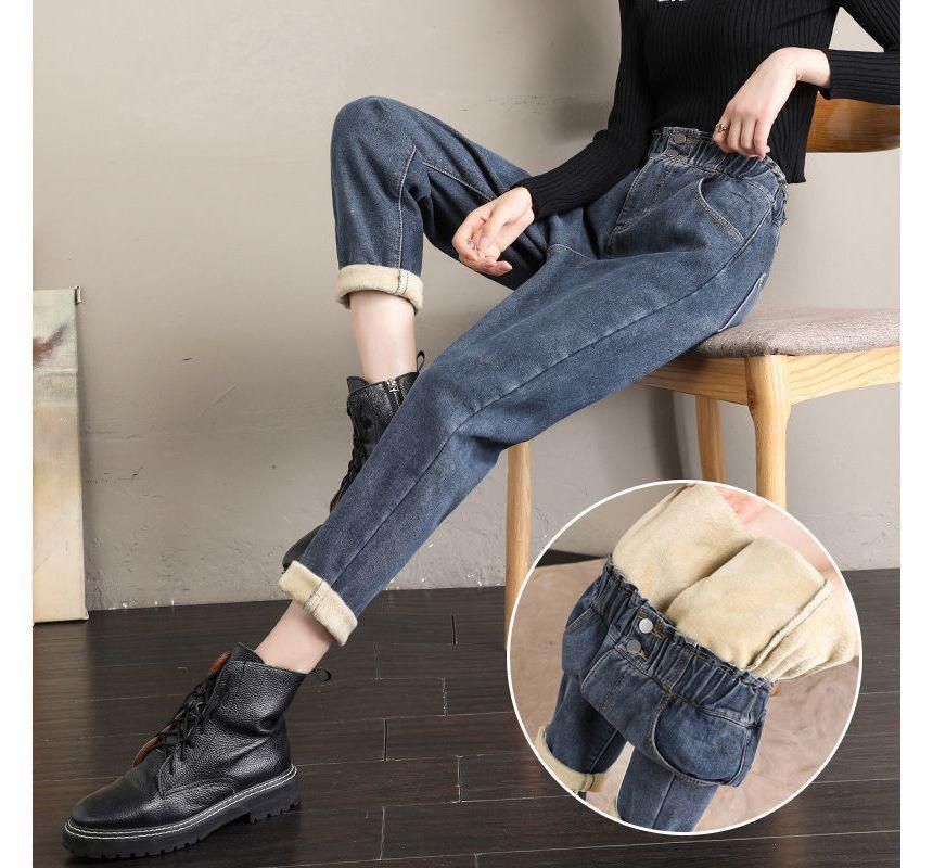 Elastic Waist Fleece-Lined Tapered Jeans Product Image