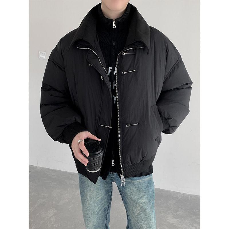 Collared Mock Two-Piece Plain Buckled Zip-Up Puffer Jacket product image