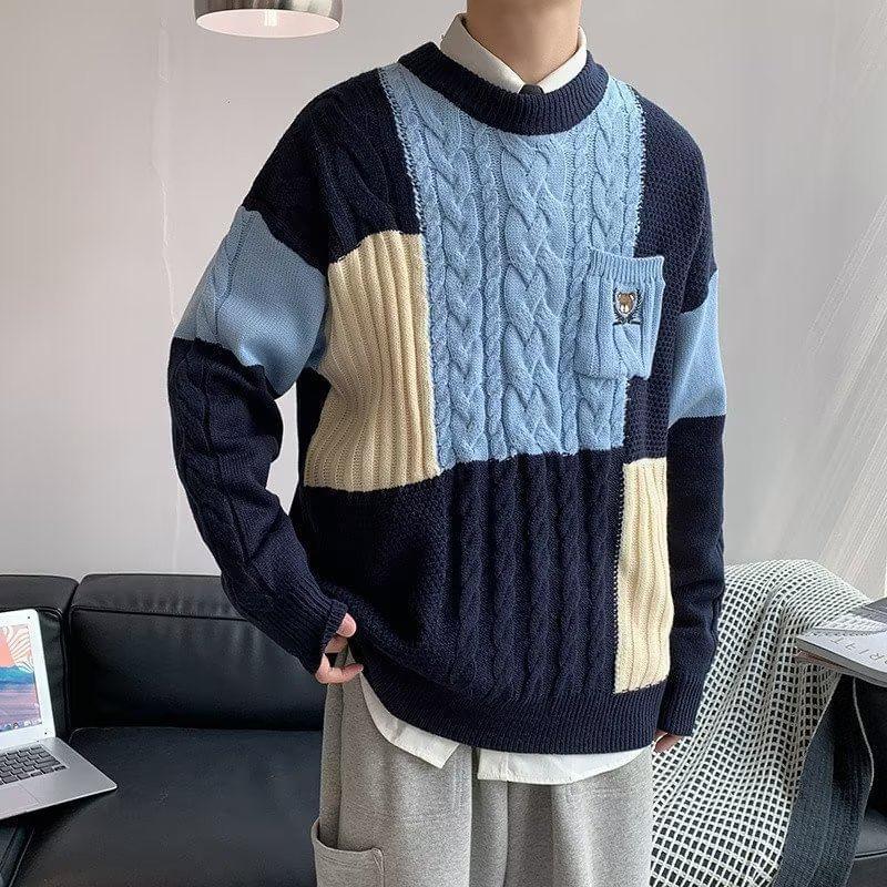 Crew Neck Color Block Bear Embroidered Cable Knit Sweater Product Image