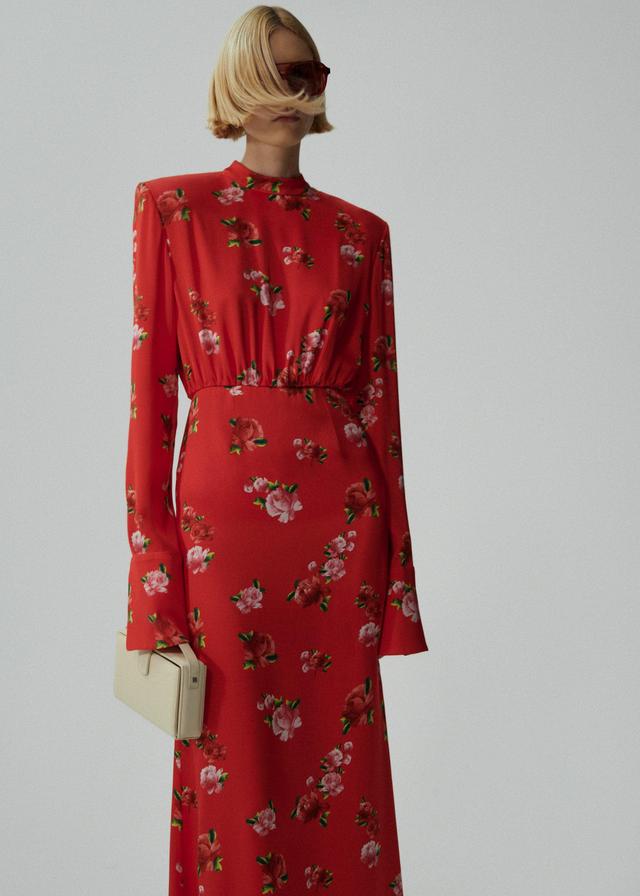 Silk round neck gown in red print Product Image