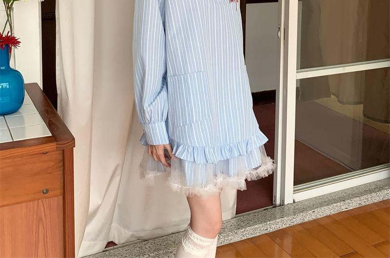 Long Sleeve Peter Pan Collar Striped Mock Two Piece Shirt Dress Product Image