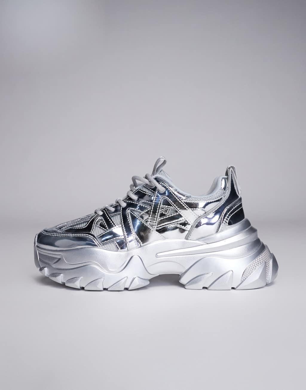 ASOS DESIGN sneakers in silver metallic with chunky soles Product Image