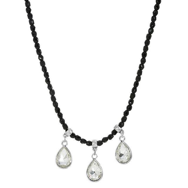 1928 Silver Tone Black Bead Crystal Trio Teardrop Necklace, Womens Product Image