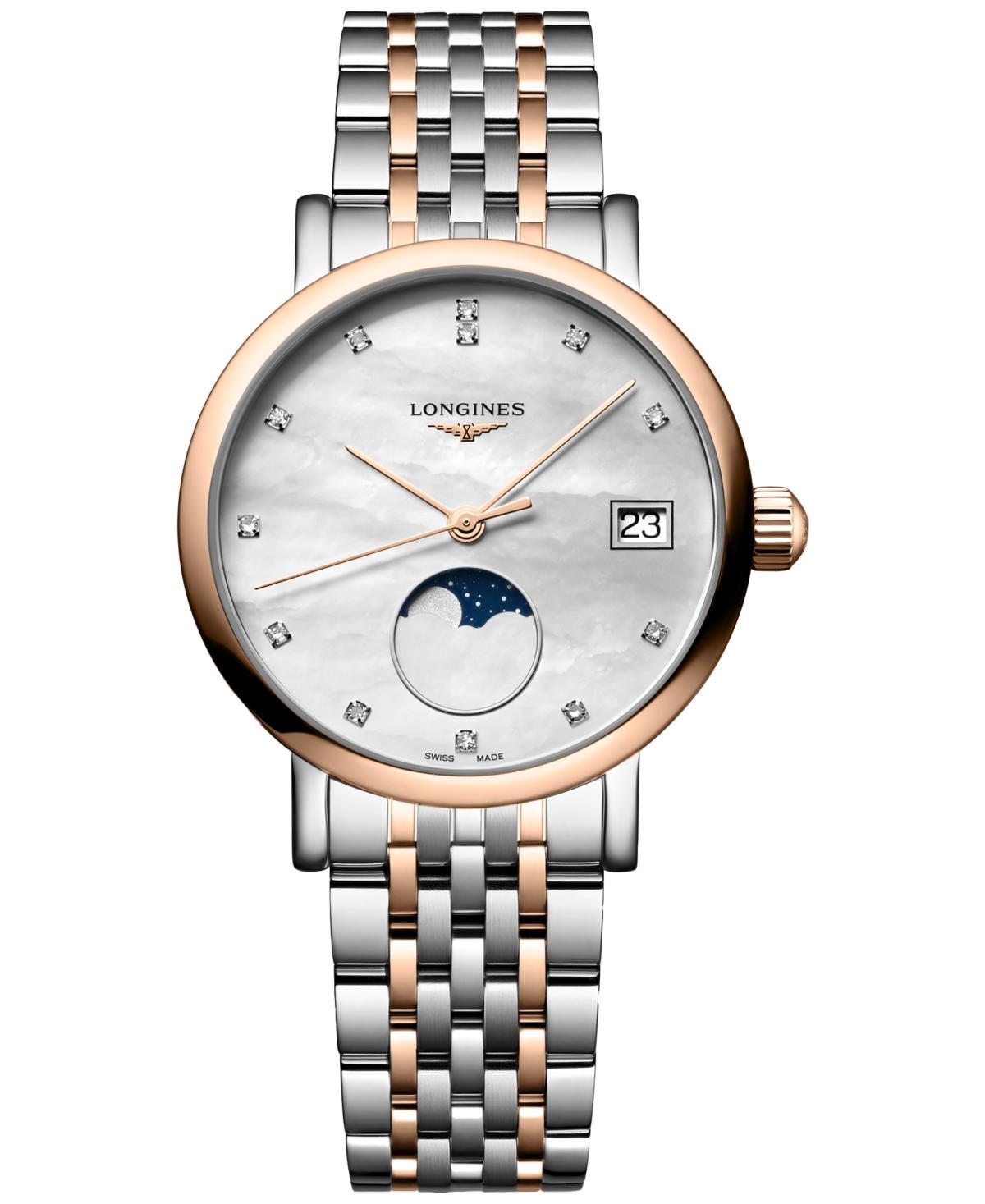 Longines Womens Swiss Elegant Moonphase Diamond (1/20 ct. t.w.) Two-Tone Stainless Steel Bracelet Watch 30mm Product Image