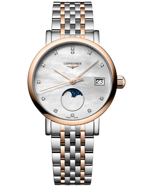 Longines Womens Swiss Elegant Moonphase Diamond (1/20 ct. t.w.) Two-Tone Stainless Steel Bracelet Watch 30mm Product Image