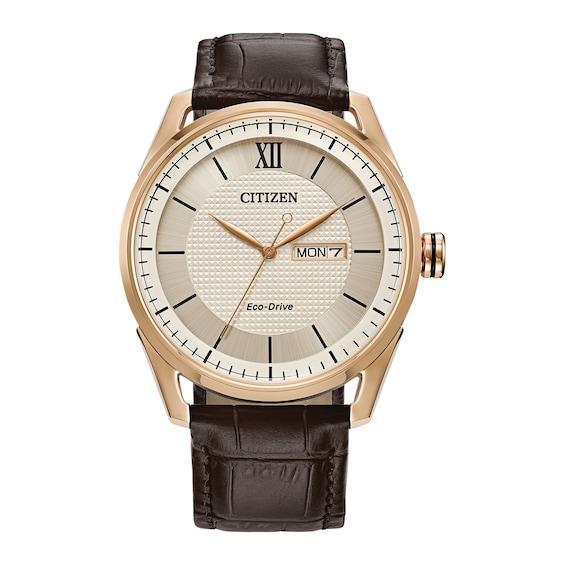 Men's Citizen Eco-DriveÂ® Classic Rose-Tone Leather Strap Watch with Ivory Dial (Model: Aw0082-01A) Product Image