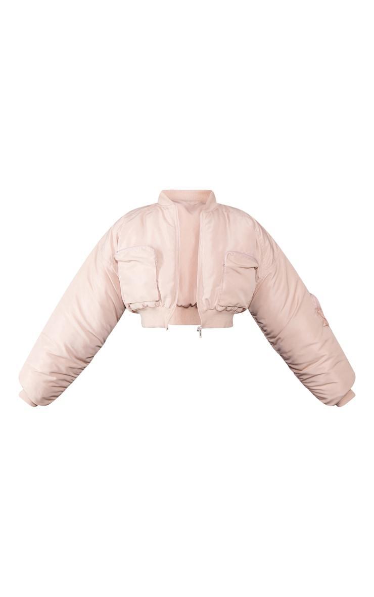 Beige Cropped Ruched Sleeve Utility Pocket Bomber Jacket Product Image