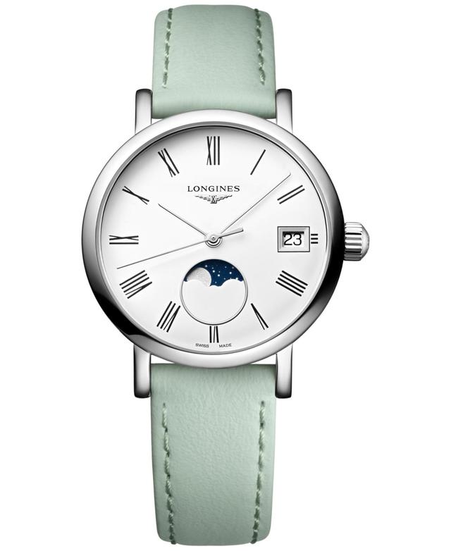 Longines Womens Swiss Elegant Moonphase Green Leather Strap Watch 30mm Product Image