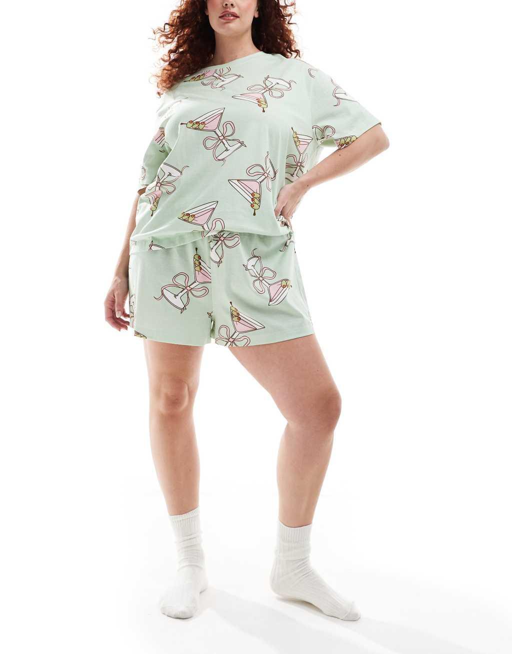 ASOS DESIGN Curve cocktail glass oversized tee & shorts pajama set in green Product Image